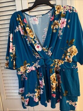 Kiyonna Teal Floral Tie-Front Top 4x